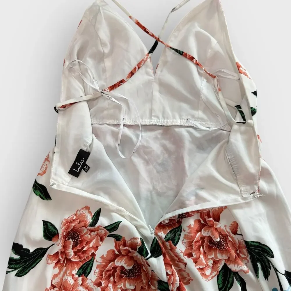 Lulus Floral Midi Dress Medium White Plunge Neck Crisscross Back Romantic Summer